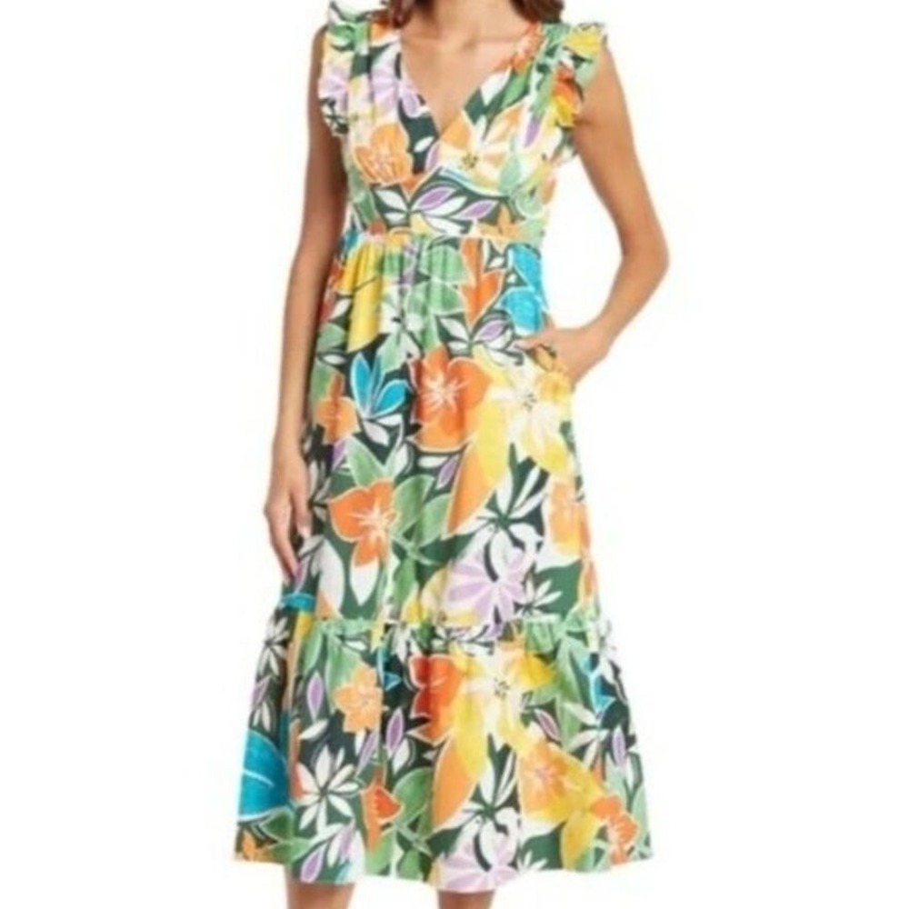 Maggy London Midi Dress Size 2 Multi Floral Ruffle Tiered Garden Cottage Flowy‎